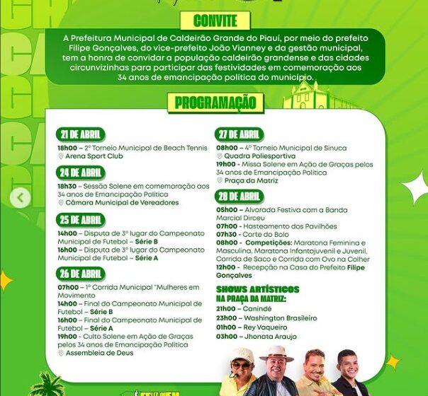  CALDEIRÃO GRANDE DO PIAUÍ CELEBRA 34 ANOS DE EMANCIPAÇÃO COM ESPORTE, FÉ E GRANDES SHOWS